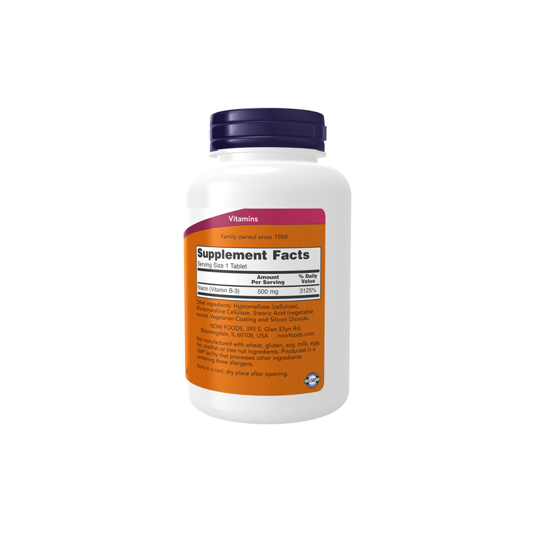 A bottle of Now Foods Vitamins B-3 NIACIN 500 mg 250 tablets on a white background, promoting cardiovascular health and vitality.