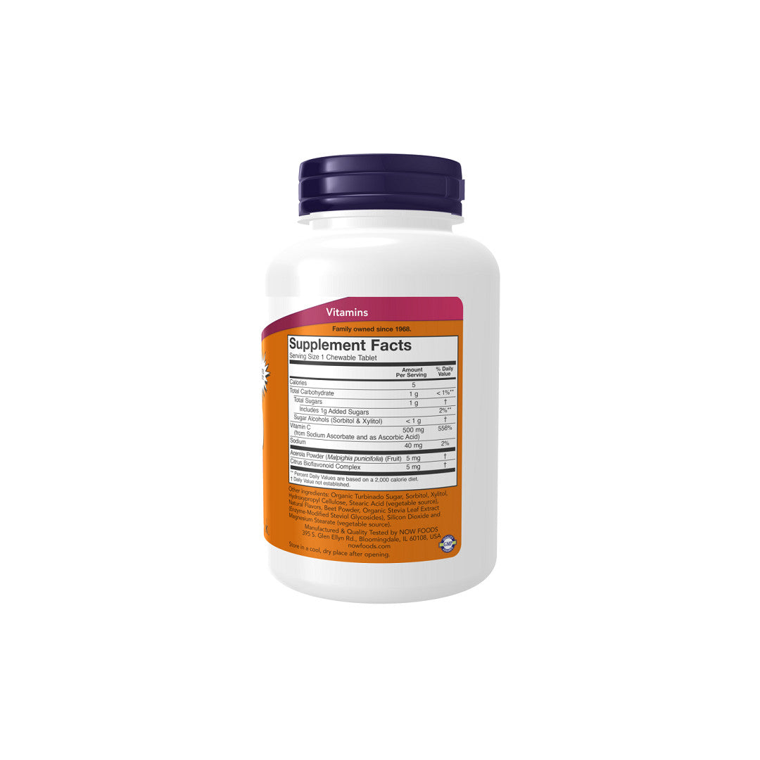 A bottle of Now Foods Vitamin C 500 mg 100 Chewable Tablets Cherry flavor, providing antioxidant support for the immune system, placed on a white background.