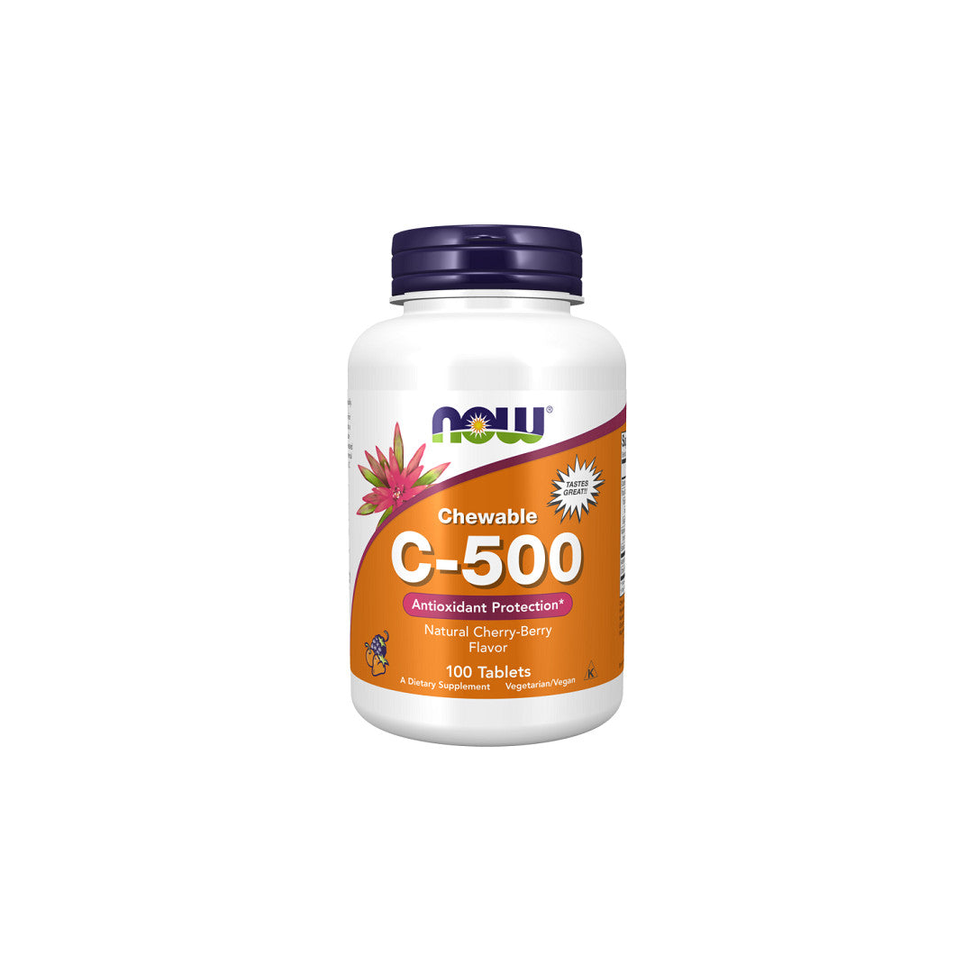 Now Foods Vitamin C 500 mg 100 Chewable Tablets Cherry flavor - for immune system and antioxidant support.