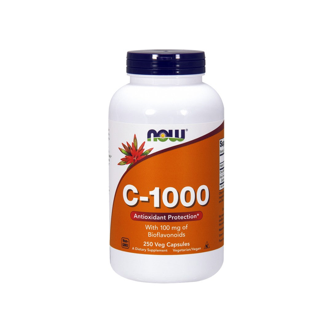 Now Foods Vitamin C 1000 mg 250 vege capsules provides immune system support and antioxidant benefits due to its high concentration of vitamin C.
