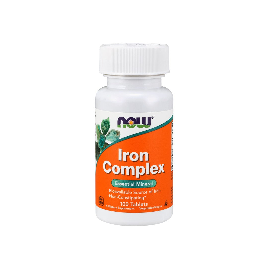 A bottle of Now Foods Iron Complex 100 tablets.