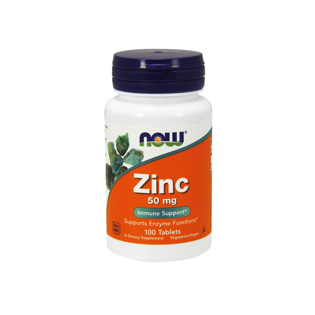 Now Foods Zinc Gluconate 50 mg 100 tablets capsules for immune health and daily wellness.