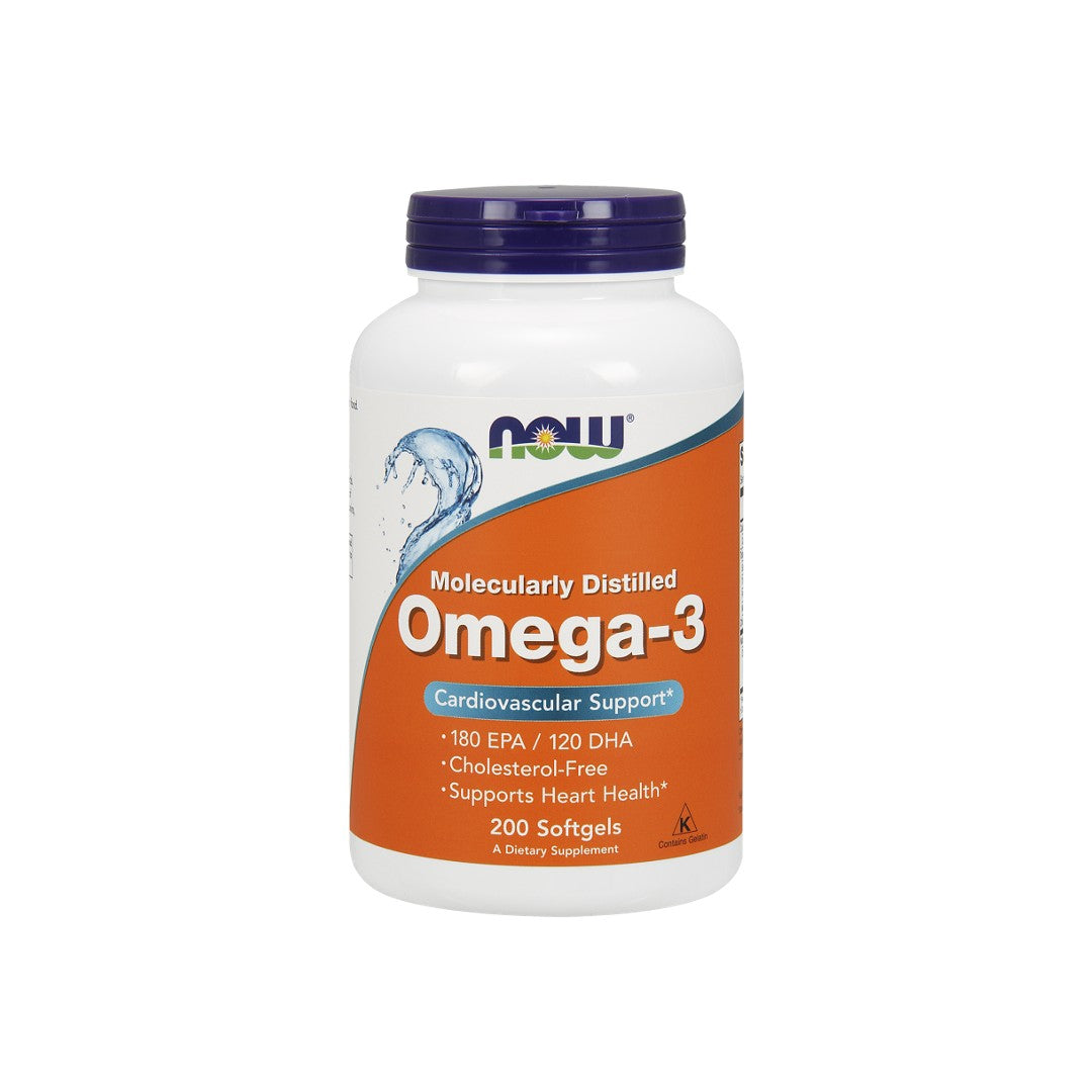 A bottle of Now Foods Omega-3 180 EPA/120 DHA 200 softgel, promoting heart health and brain function.
