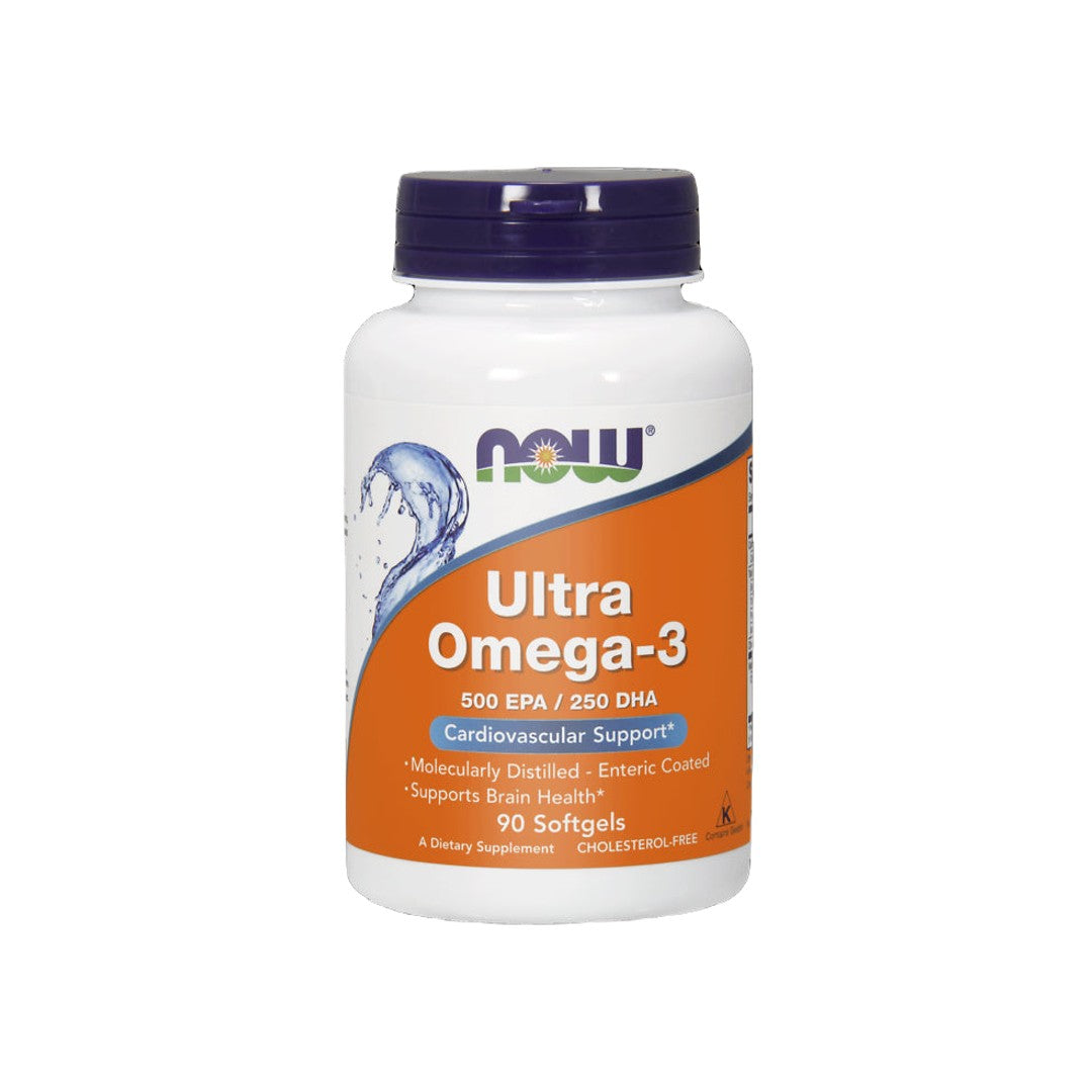 Now Foods Ultra Omega-3 500 mg EPA/250 mg DHA 90 softgel capsules provide cardiovascular support and support cognitive function.