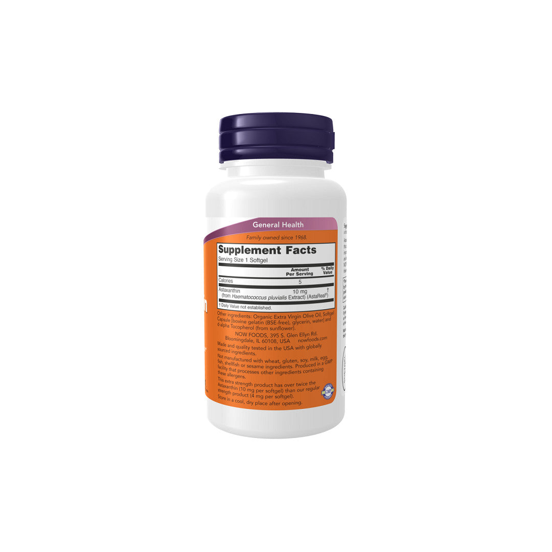 A bottle of Now Foods Astaxanthin, Extra Strength 10 mg 60 Softgel on a white background.