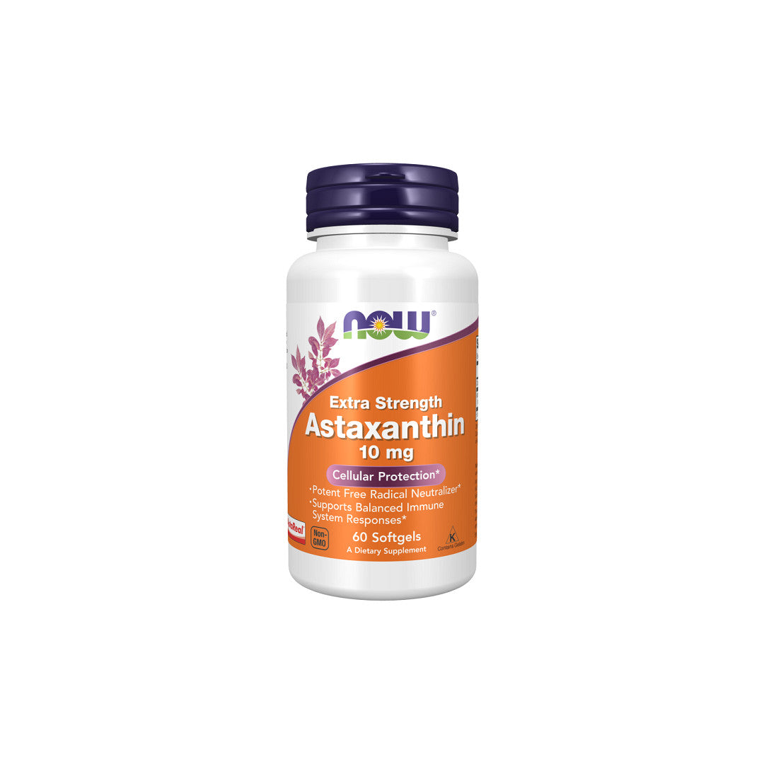 A bottle of Now Foods Astaxanthin, Extra Strength 10 mg 60 Softgel.