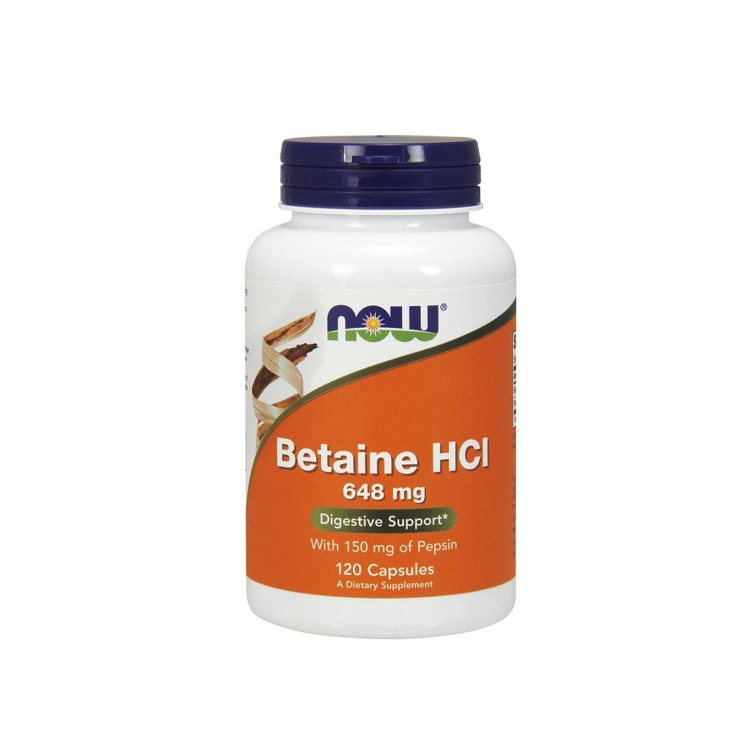 Now Foods Betaine HCI 648 mg 120 vege capsules, a dietary supplement.