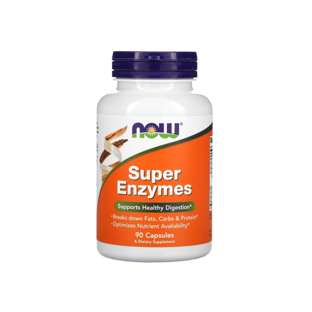 The Now Foods Super Enzymes 90 capsules are dietary supplements designed to support digestion and enhance bioavailability by providing essential digestive enzymes.