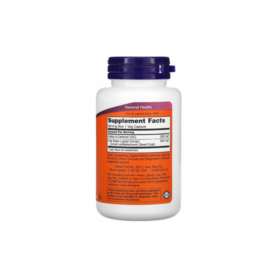 A bottle of Indole 3 Carbinol 200 mg with Lingans 60 Vegetable Capsules by Now Foods on a white background.