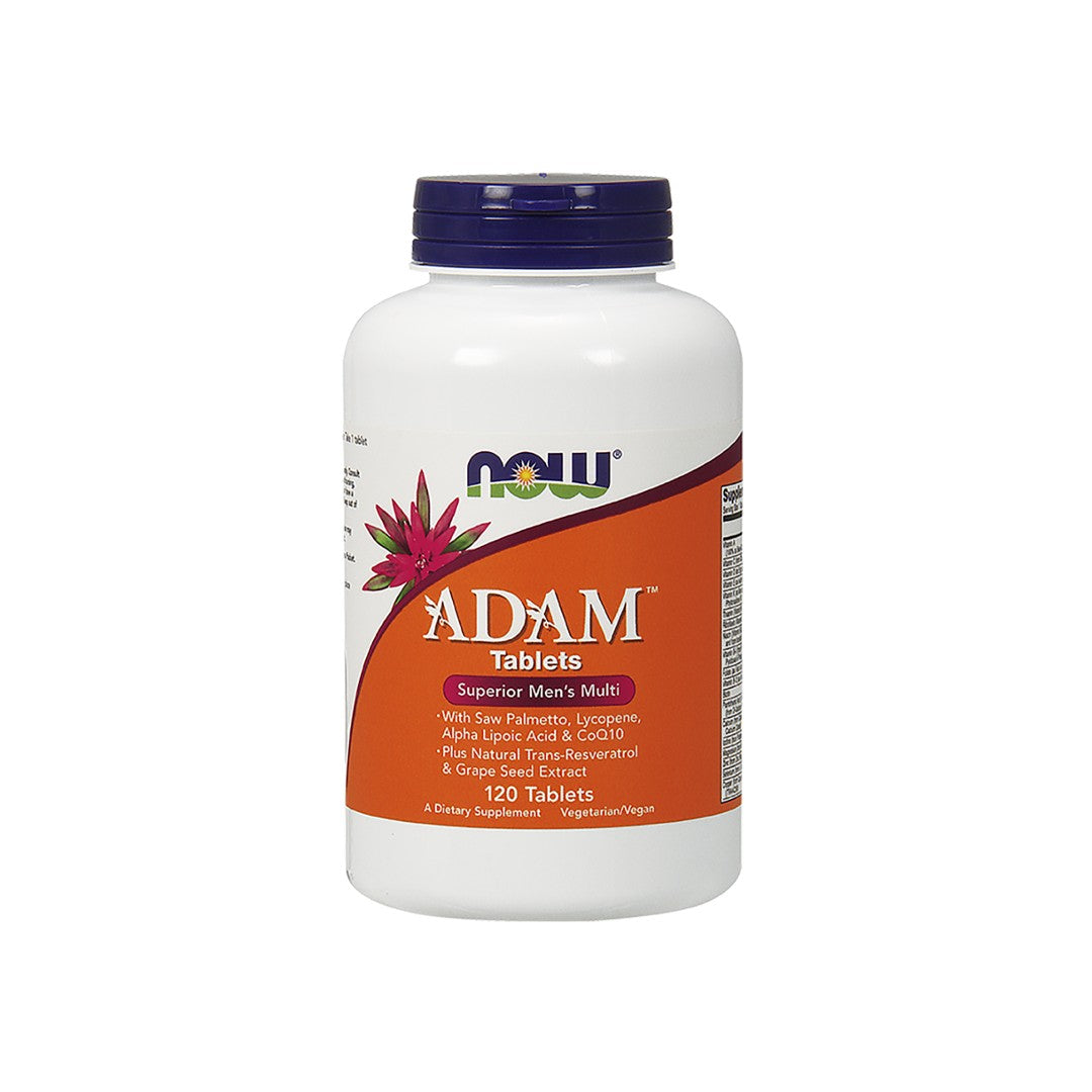 A bottle of Now Foods ADAM Multivitamins & Minerals for Man 120 vege tablets.