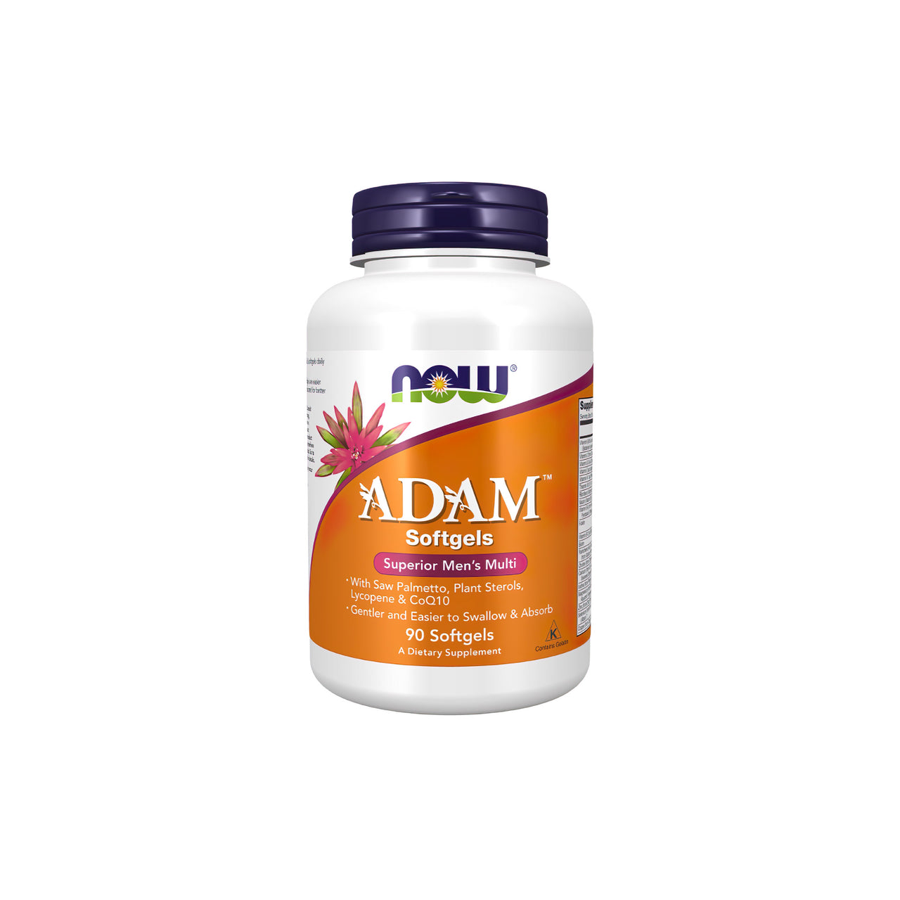 A bottle of Now Foods ADAM Multivitamins & Minerals for Man 90 sgel with vitamin c.
