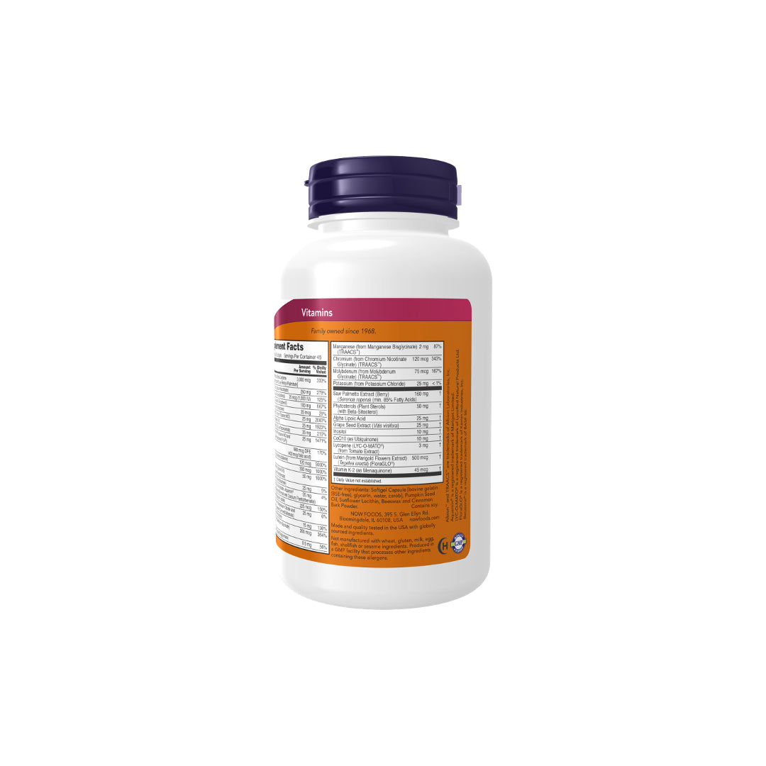 A bottle of Now Foods ADAM Multivitamins & Minerals for Man 90 sgel on a white background.