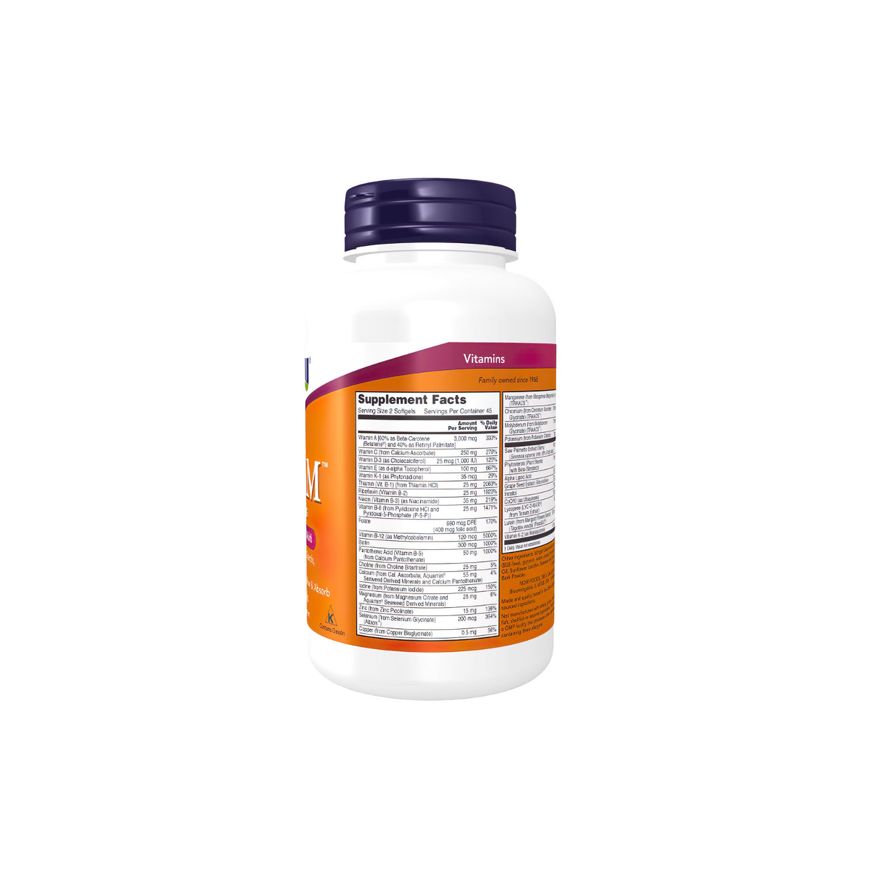 A bottle of ADAM Multivitamins & Minerals for Man 90 sgel by Now Foods on a white background.