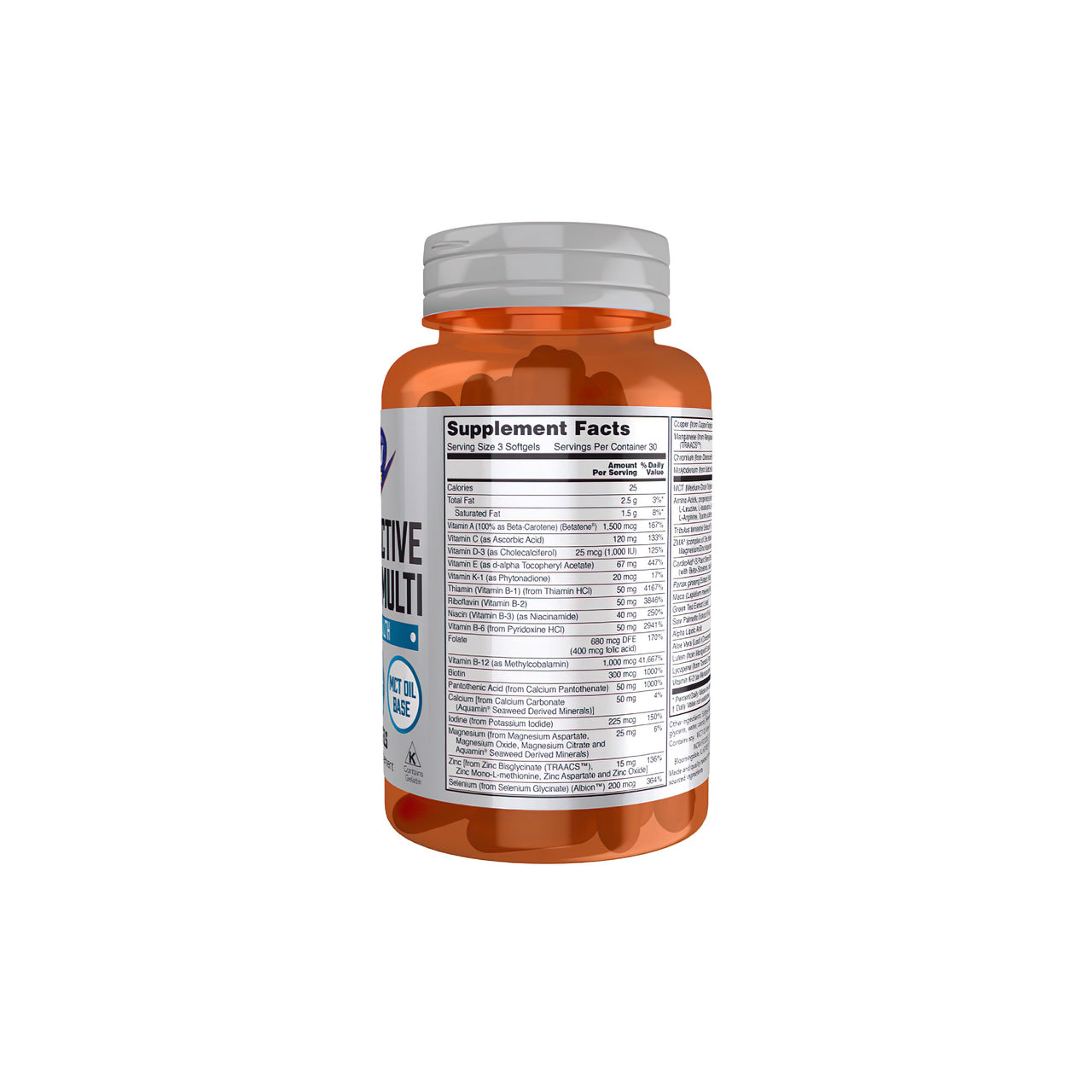 A bottle of Men's Active Sports Multi 180 Softgels by Now Foods on a white background.