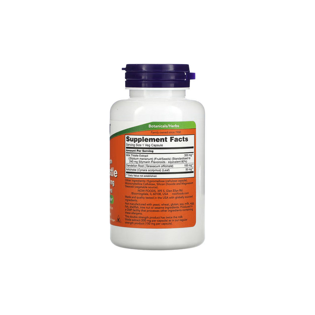 A bottle of Now Foods Milk Thistle 300 mg Silymarin 200 vegetable capsules on a white background.