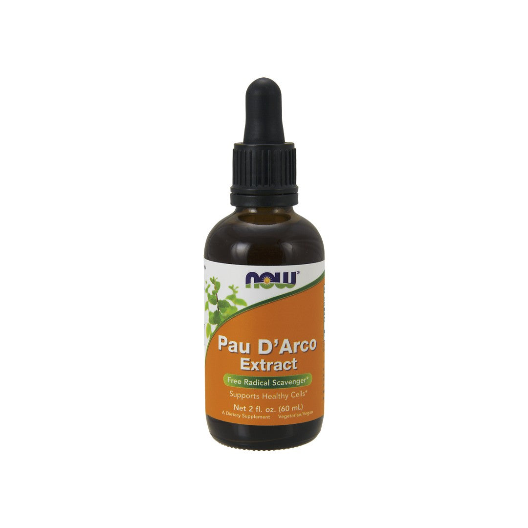 A bottle of Now Foods Pau D'Arco Extract 59ml, derived from the inner bark, known for its immune system-boosting properties.