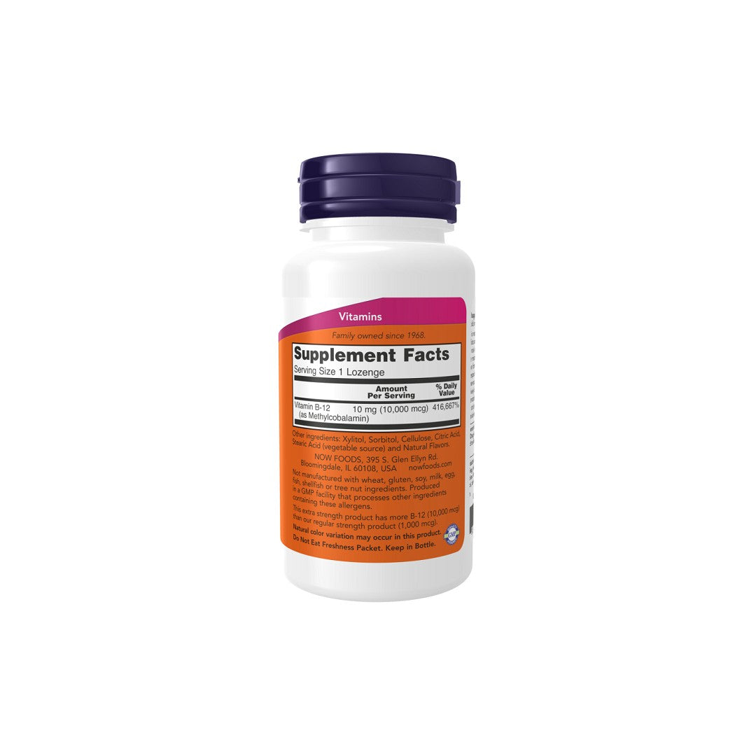 A bottle of Now Foods Vitamin B-12 10,000 mcg 60 Lozenges Methylcobalamin, essential for supporting a healthy nervous system and brain function, is featured against a pristine white background.