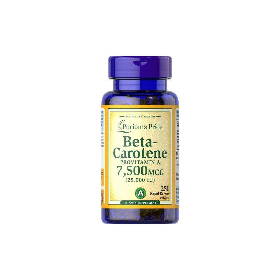 A dietary supplement containing 250 softgel Vitamin A capsules of Puritan's Pride Beta Carotene - 25000 IU.