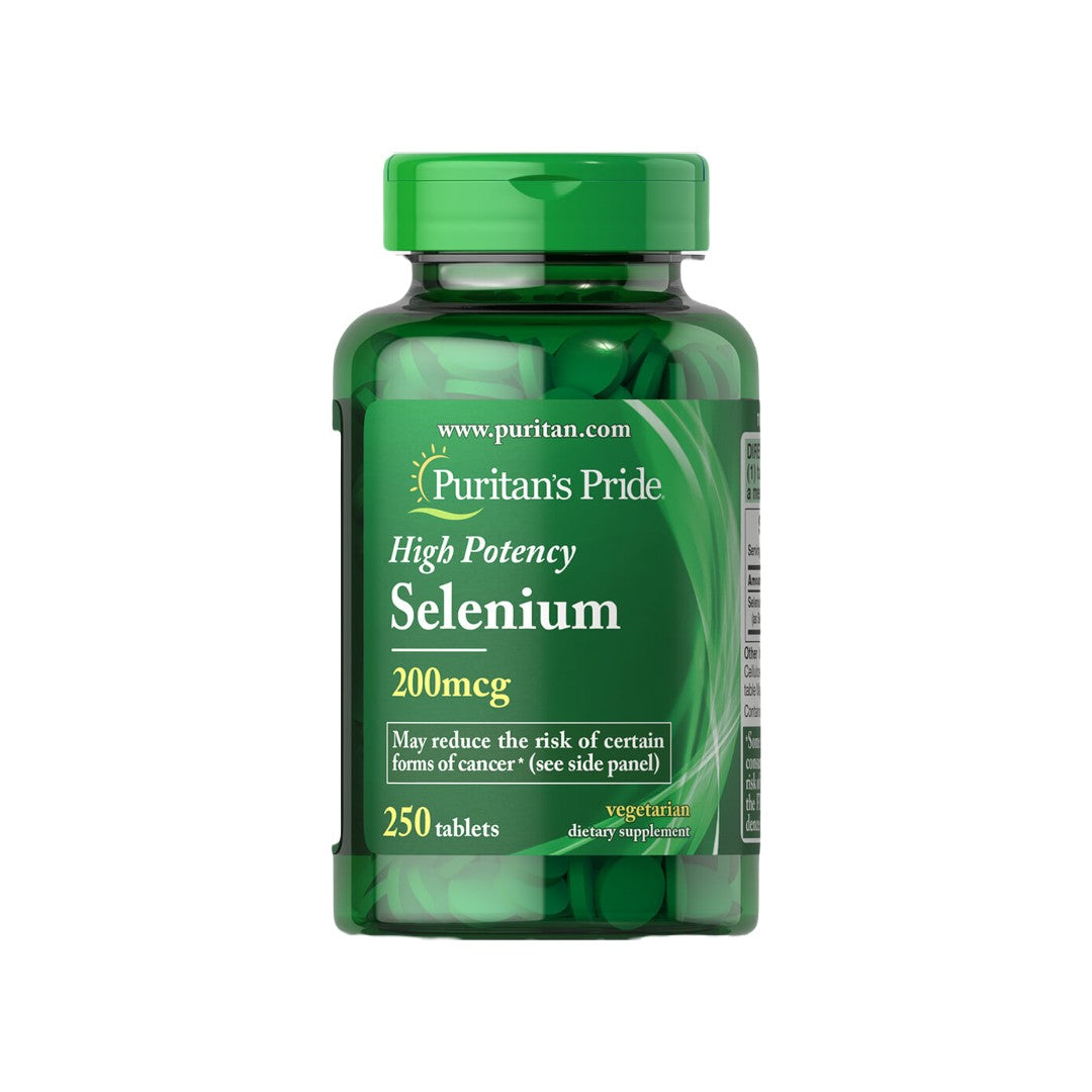 A bottle of Puritan's Pride pink high potency Selenium 200 mcg 250 tablets supplement for immune system health.