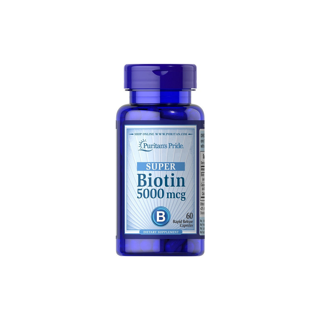 A dietary supplement bottle of Biotin 5000 mcg from Puritan's Pride.