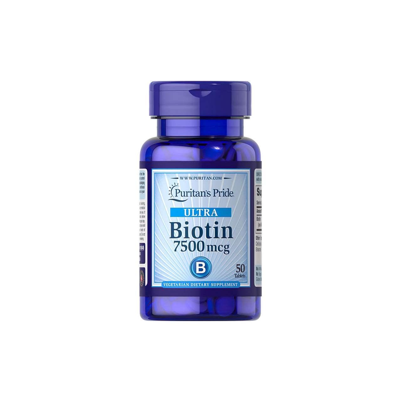A dietary supplement bottle of Puritan's Pride Biotin 7.5 mg 50 Tablets with a white background.