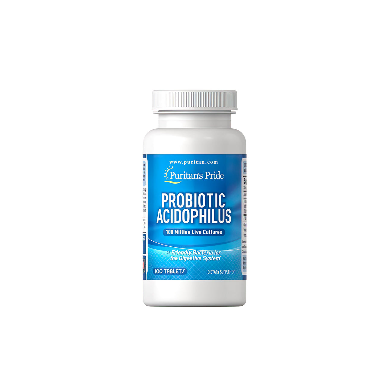 A bottle of Probiotic Acidophilus 100 tablets by Puritan's Pride, containing digestive and immune system probiotics.