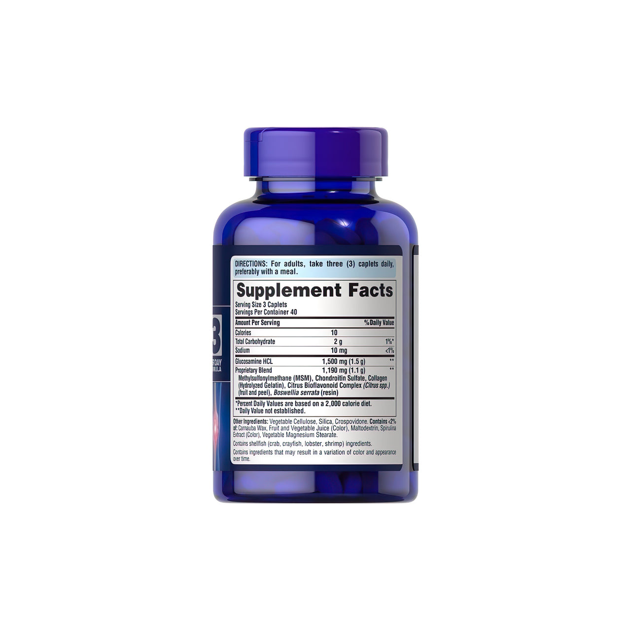 A bottle of Glucosamine, Chondroitin & MSM-3 Per Day Formula 120 coated caplets by Puritan's Pride on a white background.