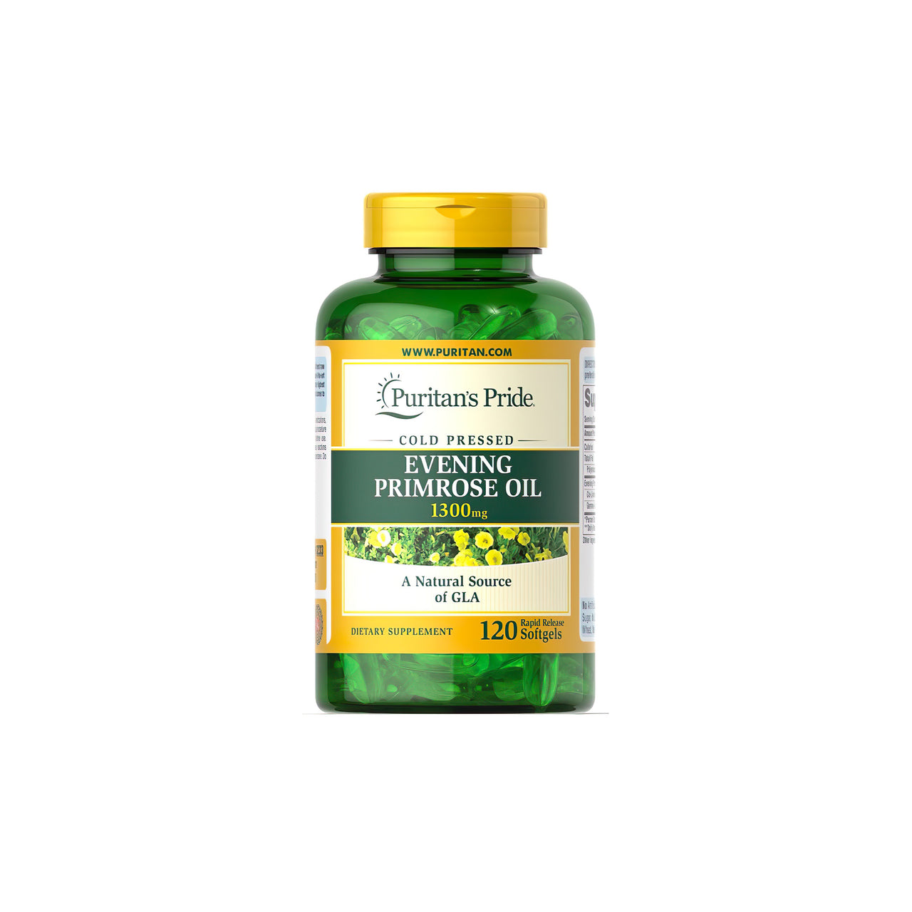 A bottle of Evening Primrose Oil 1300 mg with GLA 120 Rapid Release Softgels from Puritan's Pride.