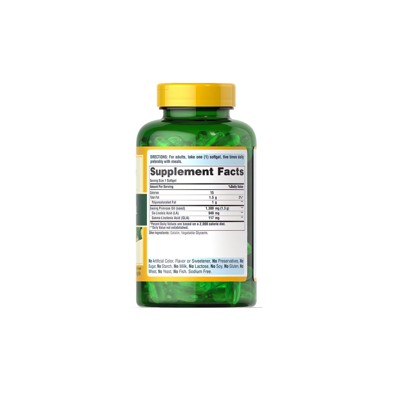 A bottle of Puritan's Pride Evening Primrose Oil 1300 mg with GLA 120 Rapid Release Softgels on a white background.
