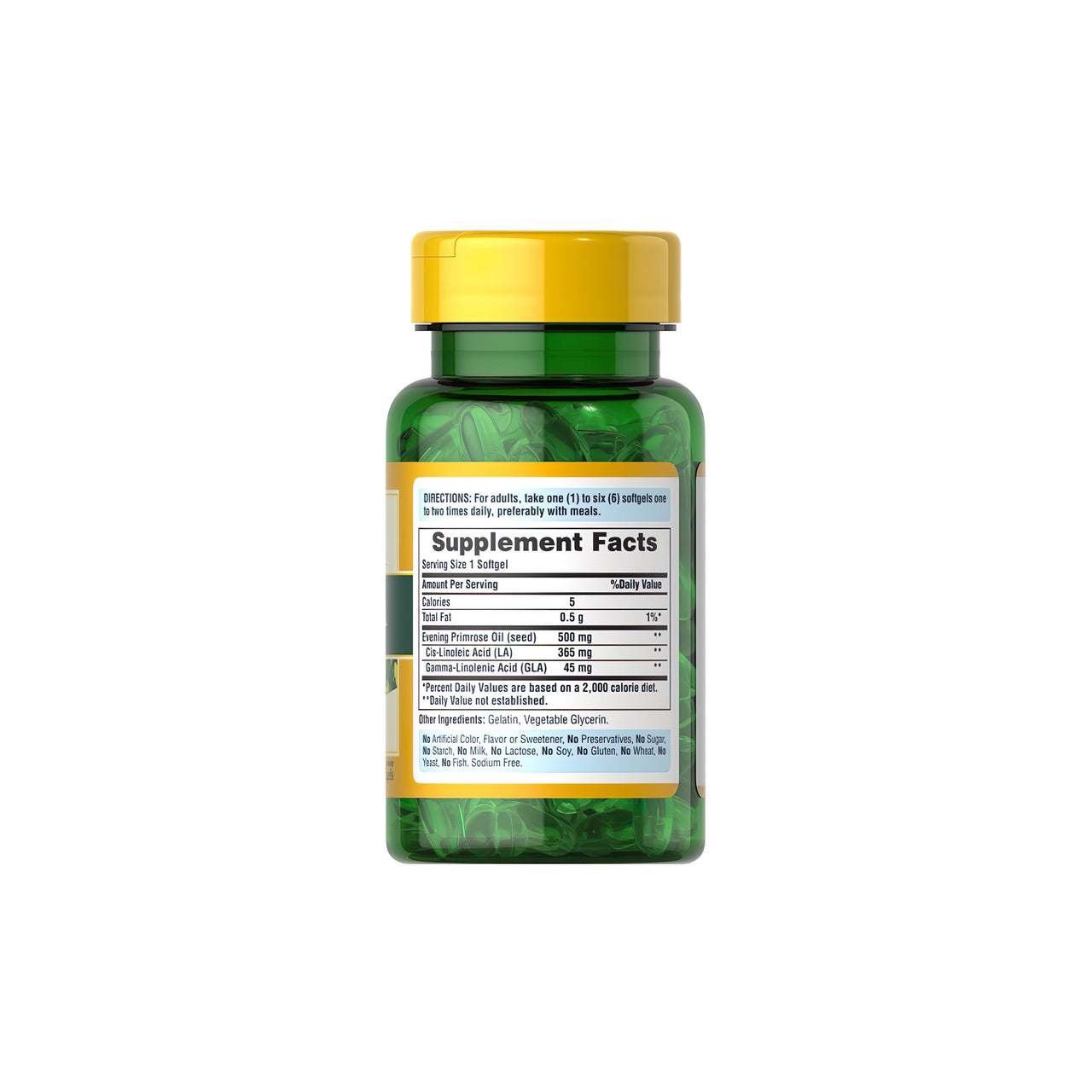 A bottle of Evening Primrose Oil 500 mg with GLA 100 Rapid Release Softgels by Puritan's Pride on a white background.