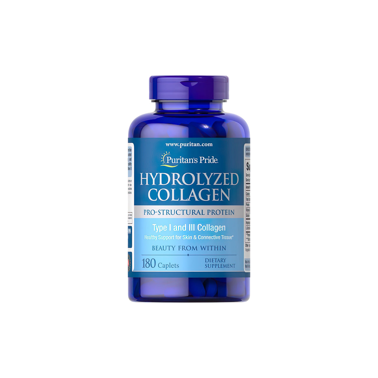 A bottle of Hydrolyzed Collagen 1000 mg 180 caplets from Puritan's Pride.