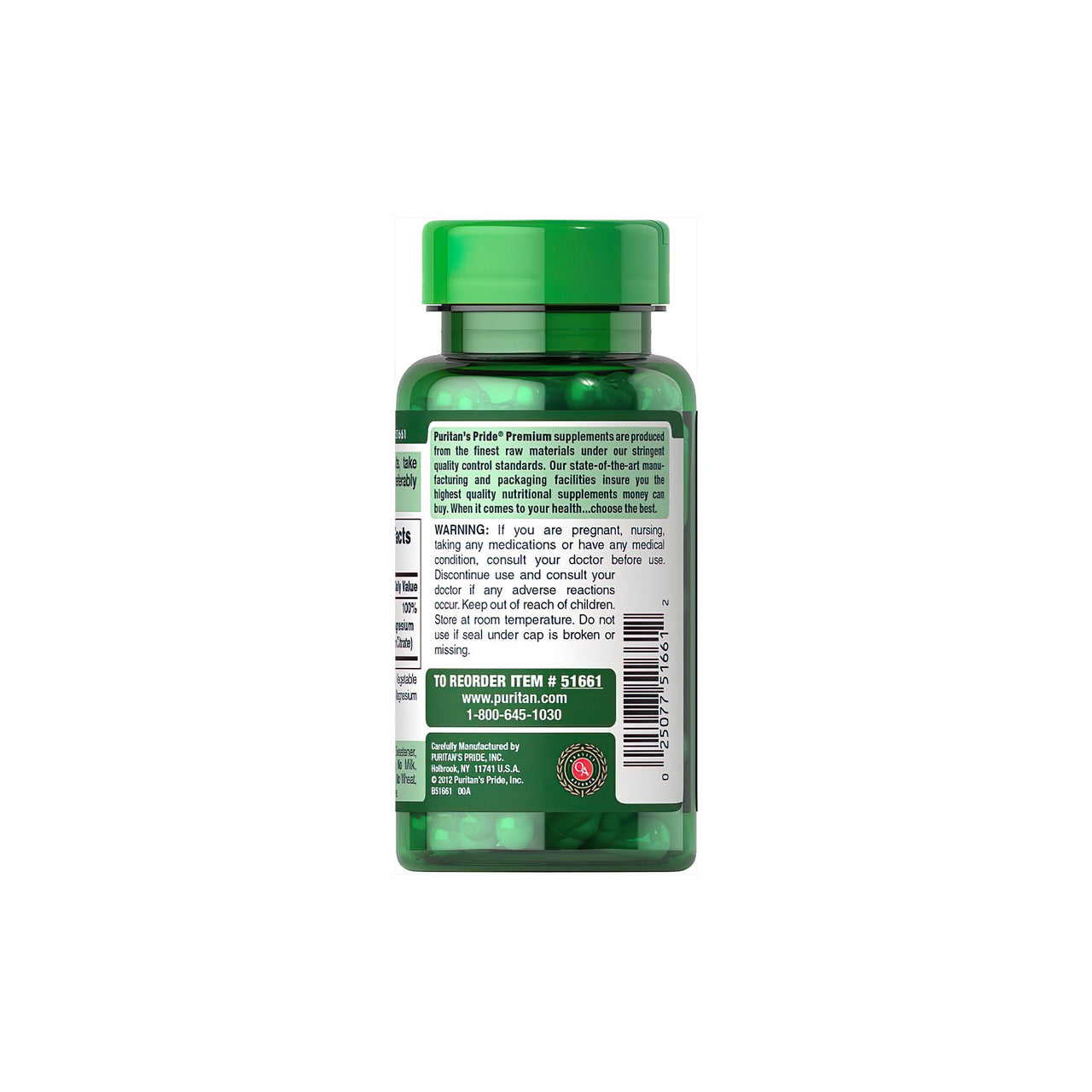 The back of a bottle of Puritan's Pride Triple Magnesium Complex 400 mg 60 Rapid Release Capsules, highlighting its benefits for bone tissue health.