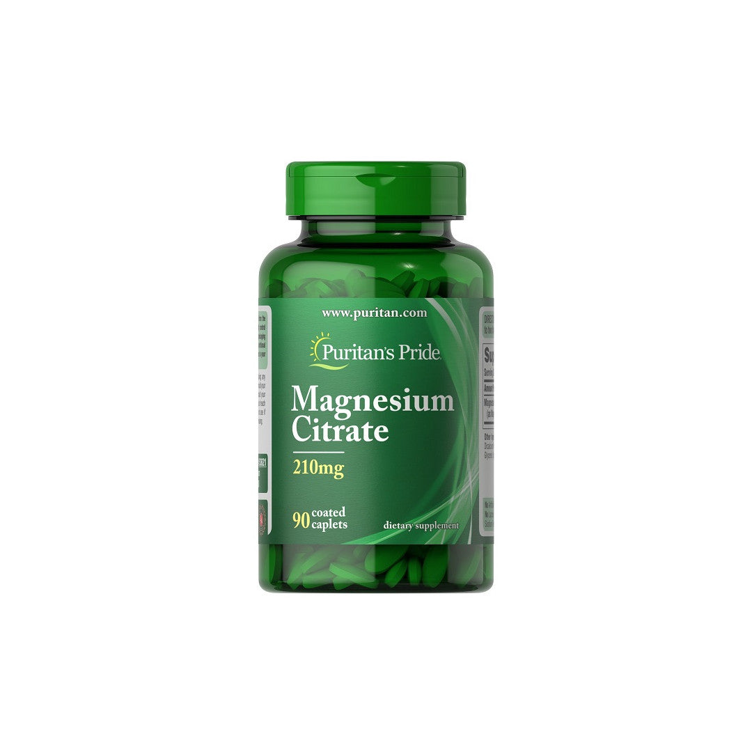 A bottle of Puritan's Pride Magnesium citrate 210 mg 90 coated caplets.