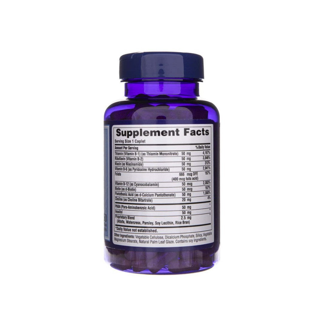 A bottle of Puritan's Pride Vitamin B-50 Complex 250 Coated Caplets on a white background.