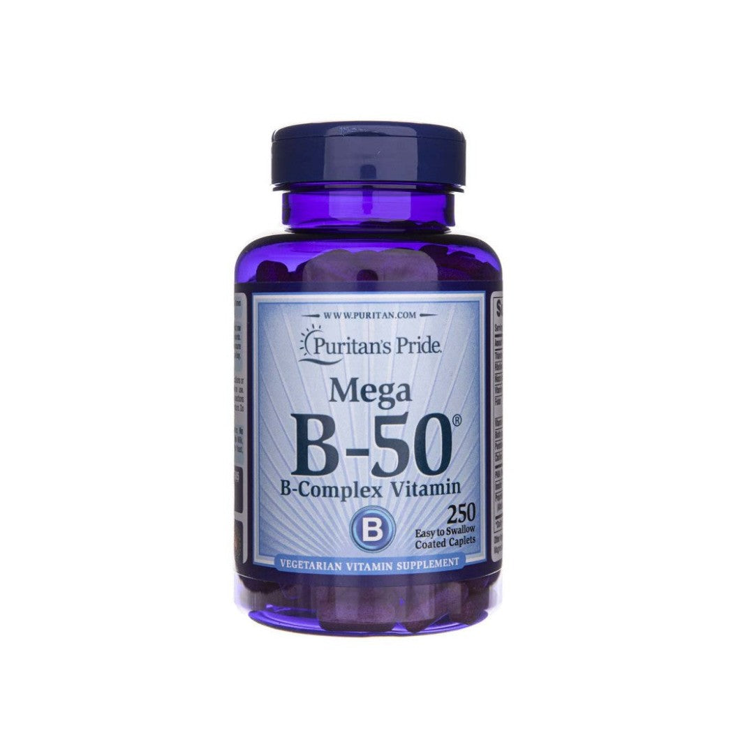 A bottle of Vitamin B-50 Complex 250 Coated Caplets, a Puritan's Pride vitamin complex designed to support mental health and cardiovascular well-being.