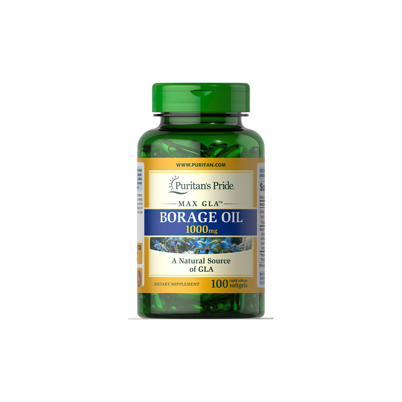 A dietary supplement bottle containing Puritan's Pride Borage Oil 1000 mg.