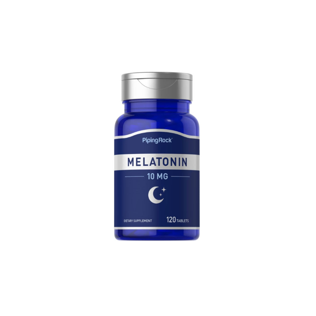A bottle of PipingRock Melatonin 10 mg 120 tab for sleep.