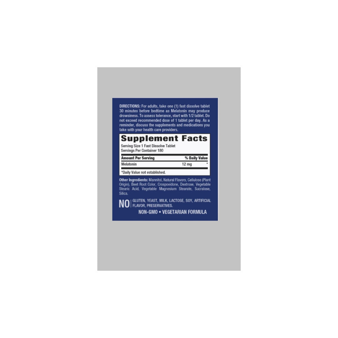 The label for PipingRock's Melatonin 12 mg 180 tab supplement on a white background.