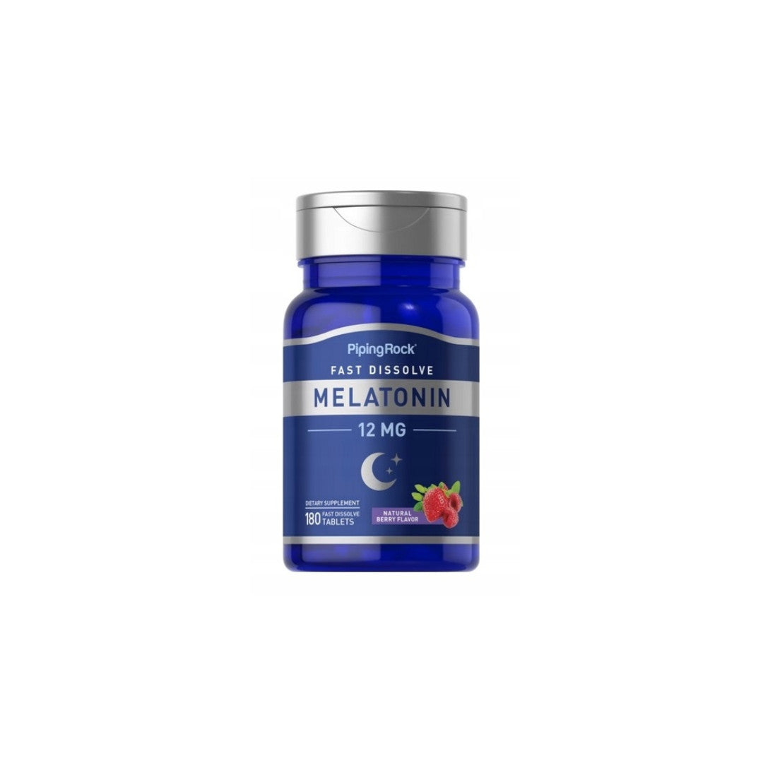A bottle of PipingRock Melatonin 12 mg 180 tab with berries.