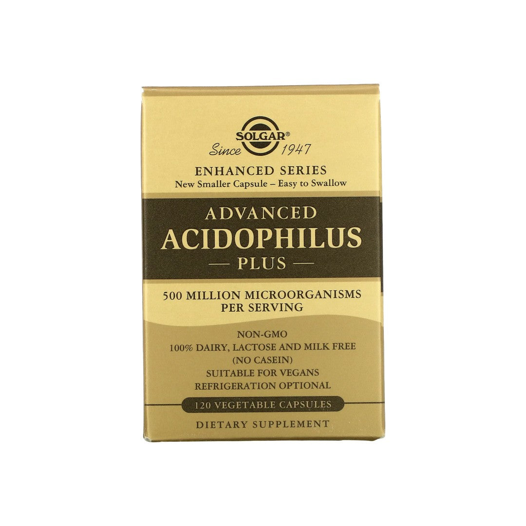 A box of Solgar's Advanced Acidophilus Plus 120 vege capsules.