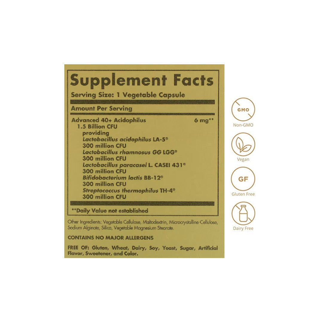 A label for Solgar's Advanced 40+ Acidophilus 60 Vegetable Capsules with a gold background.