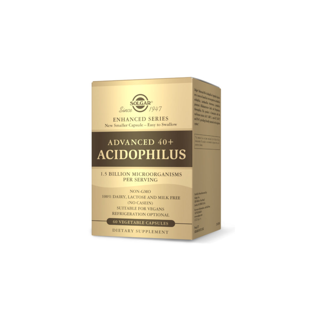 A box of Solgar Advanced 40+ Acidophilus 60 Vegetable Capsules.