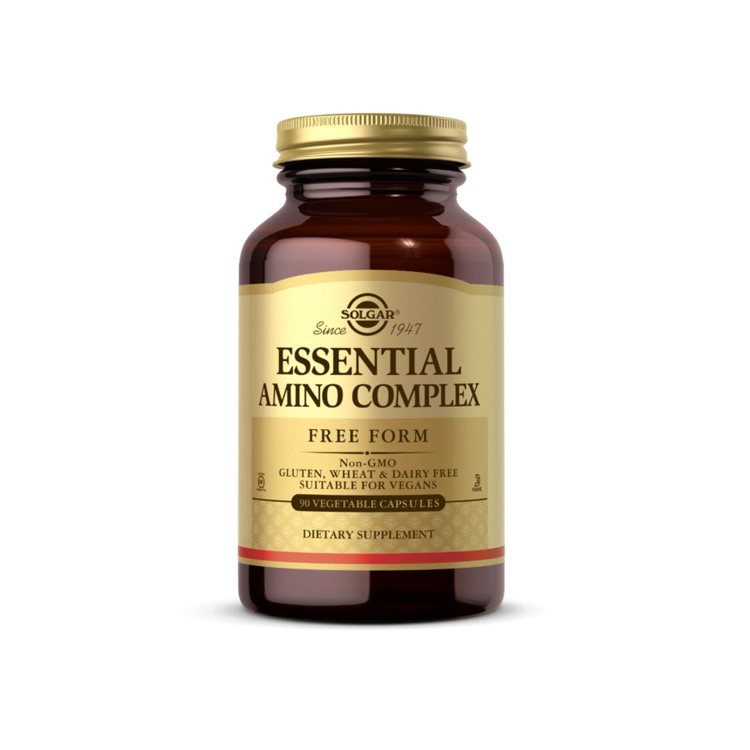A bottle of Solgar Essential Amino Complex 60 vegetable capsules on a white background.