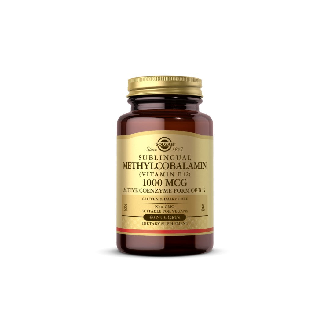 A bottle of Solgar Vitamin B-12 1000 mcg Methylcobalamin 60 Nuggets on a white background.