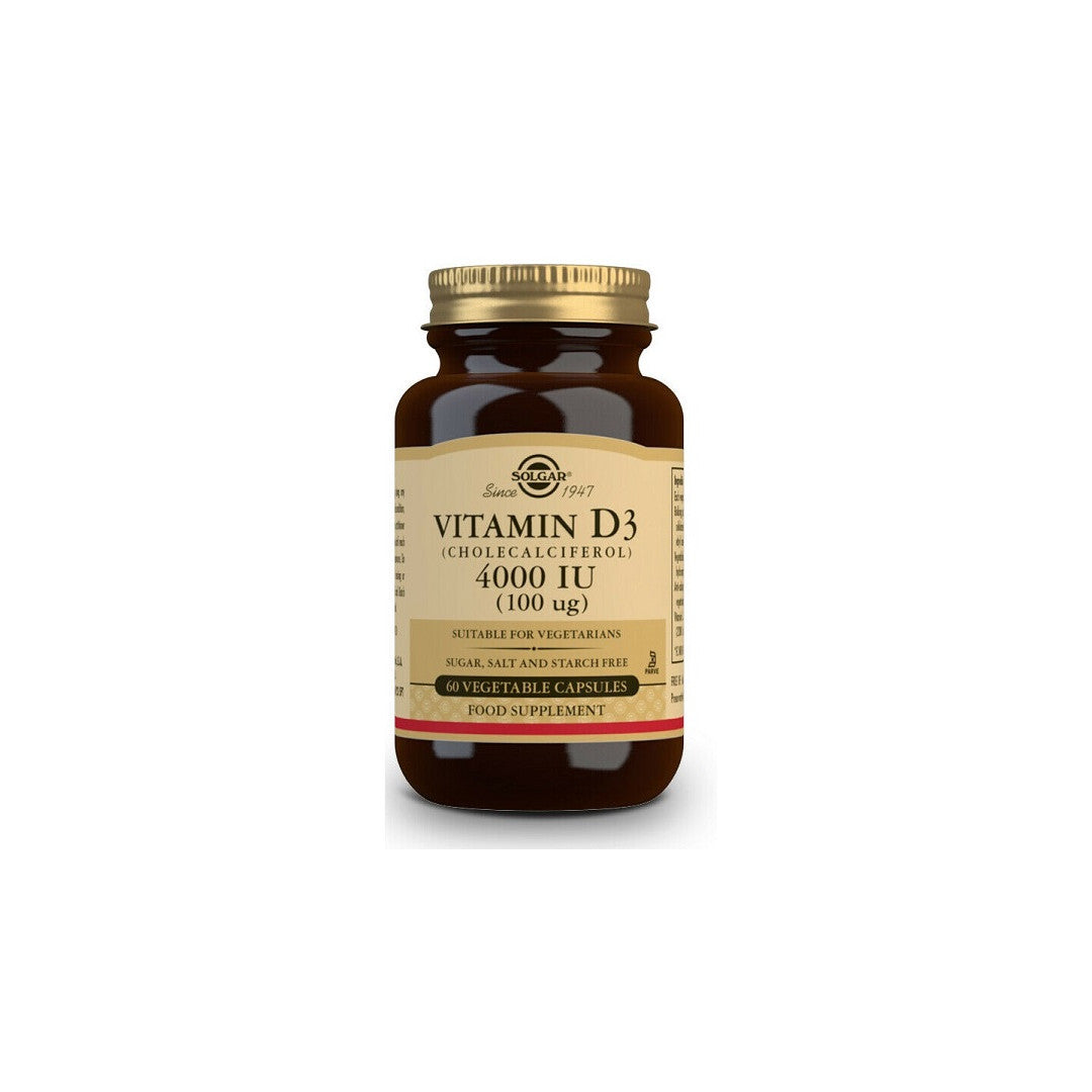 Solgar Vitamin D3 4000 IU 60 Vegetarian Capsules for healthy bones and teeth.
