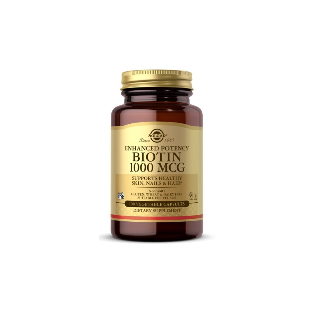A dietary supplement bottle of Biotin 1000 mcg 100 vcaps from Solgar.