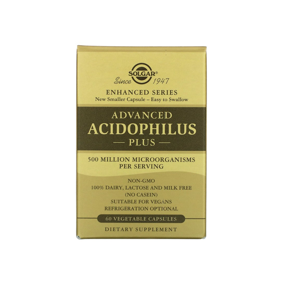A box of Solgar's Advanced Acidophilus Plus 60 vege capsules.