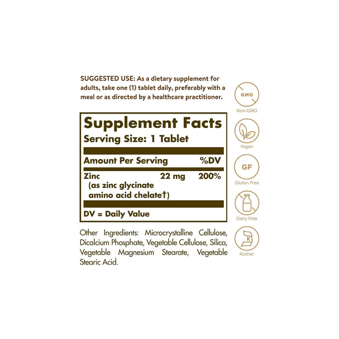 A label showing the ingredients of Solgar's Zinc Chelated 22 mg 100 Tablets, formulated for daily wellness and immune health, with chelated Zinc.