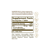 Thumbnail for A label showing the ingredients of Solgar's Zinc Chelated 22 mg 100 Tablets, formulated for daily wellness and immune health, with chelated Zinc.