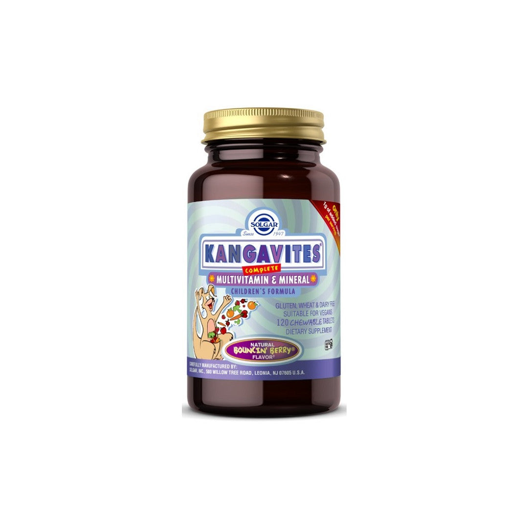 A jar of Kangavites Multivitamin & Mineral 120 Chewable Tablets - Bouncin' Berry Flavor by Solgar on a white background.